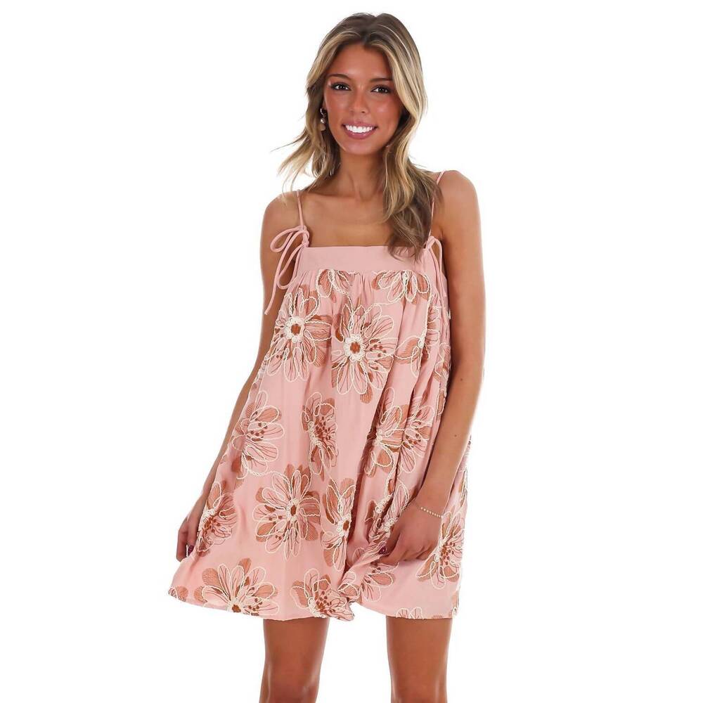 NEW BABY PINK petalwave embroidery mini dress in blush